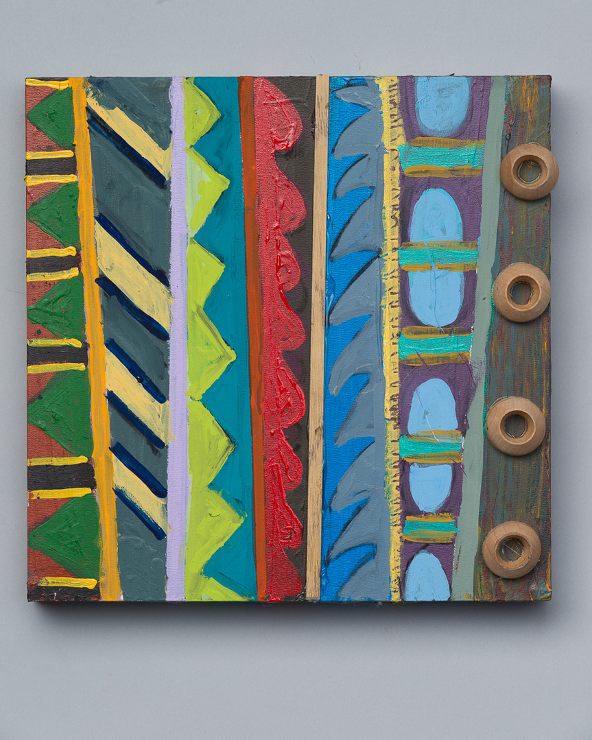 No Place To Go III-Multicolored Abstract Art Painting With Various Patterns and Shapes. This Painting Has Wooden Circles on the Right.