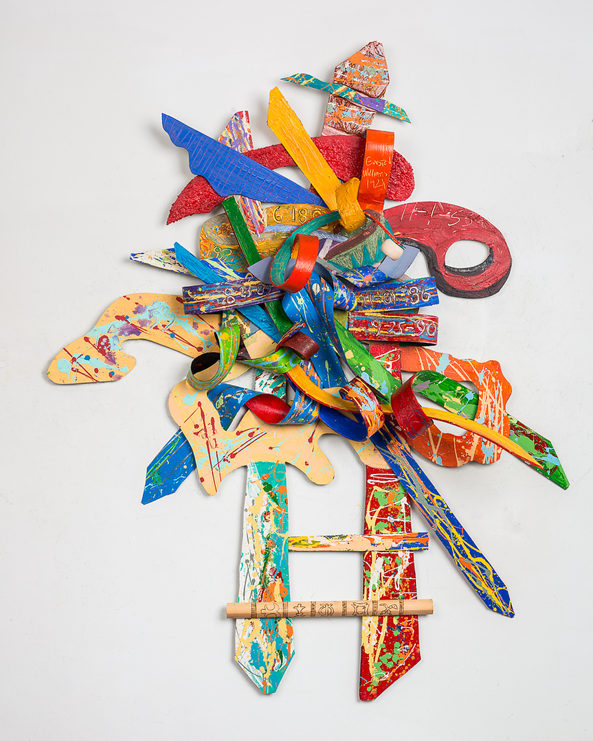 Ladder Series When Preparation Meets Opportunity I  65x98x11 Private Commission Paul & Janice Williams -Abstract art sculpture with multiple colors and shapes. The shapes are various and have tie shapes.This painting has warm and cool colors.