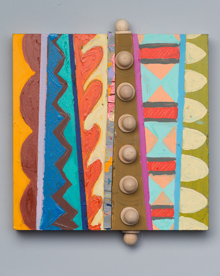No Place To Go II-Multicolored Abstract Art Painting With Various Patterns and Shapes. This Painting Has Wooden Pegs in the Middle, Top and Bottom.