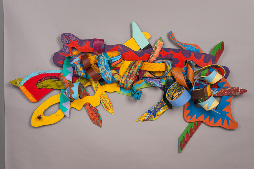 Unsung For Bob-Multicolored Abstract Art Piece Hung on A Wall With Various Shapes that Resembles Ties. The Ties are Bent in Various Ways. 