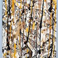 Can't Stand the Rain III  Framed 33x41 2022-Abstract art painting with multiple colors splattered on a white sheet of paper. The paint has a warm color scheme. 