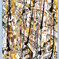 Can't Stand the Rain III  Framed 33x41 2022-Abstract art painting with multiple colors splattered on a white sheet of paper. The paint has a warm color scheme. 