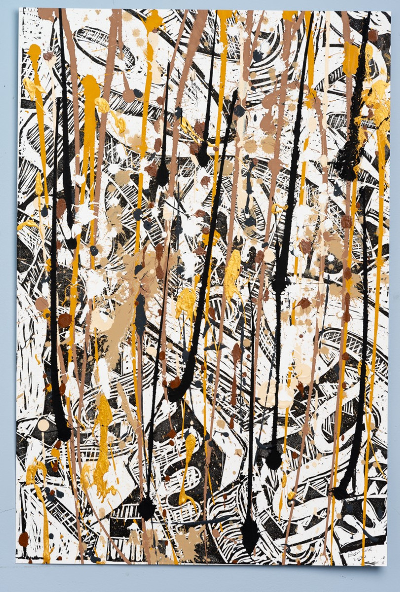 Can't Stand the Rain III  Framed 33x41 2022-Abstract art painting with multiple colors splattered on a white sheet of paper. The paint has a warm color scheme. 