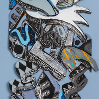 Faith Unfolded II  Framed 33x41 2022-Abstract cutout art piece on paper with cool colors and shapes. This piece is mostly gray and black with a hint of blue and orange.