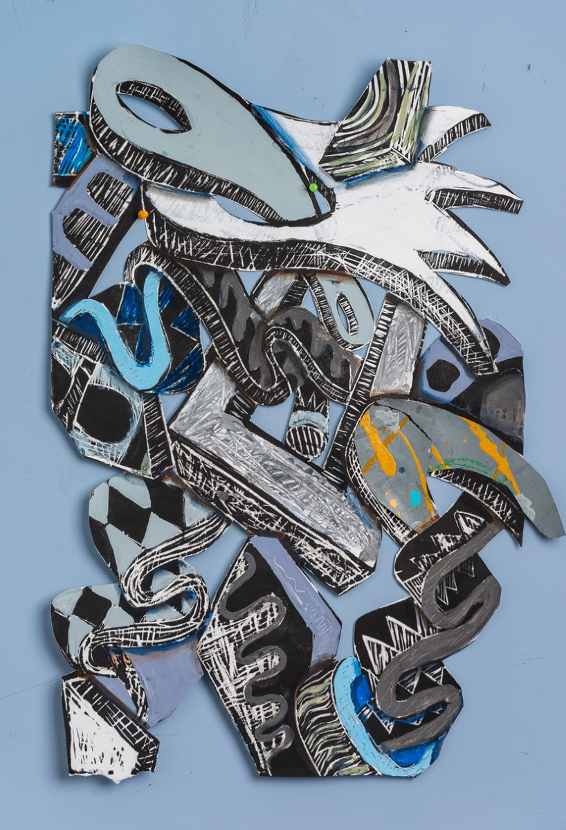 Faith Unfolded II  Framed 33x41 2022-Abstract cutout art piece on paper with cool colors and shapes. This piece is mostly gray and black with a hint of blue and orange.