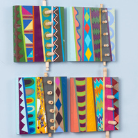 Zig Zag Promise- 4 Multicolored Abstract Art Paintings With Various Patterns and Shapes. This Painting Has Wooden Pegs on the Right.