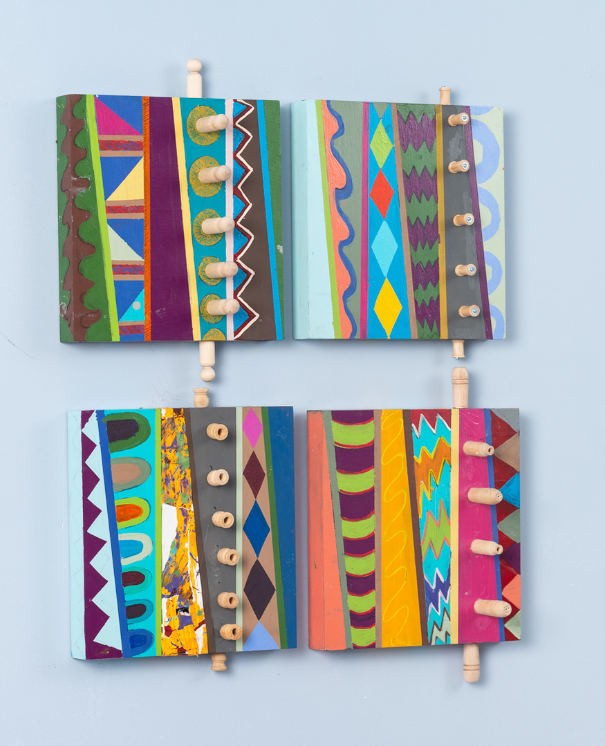 Zig Zag Promise- 4 Multicolored Abstract Art Paintings With Various Patterns and Shapes. This Painting Has Wooden Pegs on the Right.
