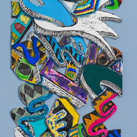 Livin Through the Process II Framed 33x41 2022-Abstract cutout art piece on paper with cool colors and shapes. This piece has mostly blue and green with hints of warm colors such as red green and purple.