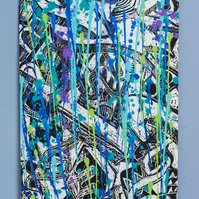 Can't Stand the Rain II  Framed 33x41 2022-Abstract art painting with multiple colors splattered on a white sheet of paper. The paint has a cool color scheme.