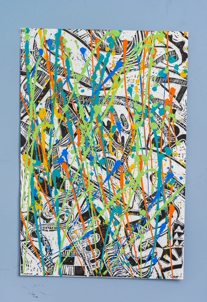 Can't Stand the Rain I Framed 33x41 2022-Abstract art painting with multiple colors splattered on a white sheet of paper.