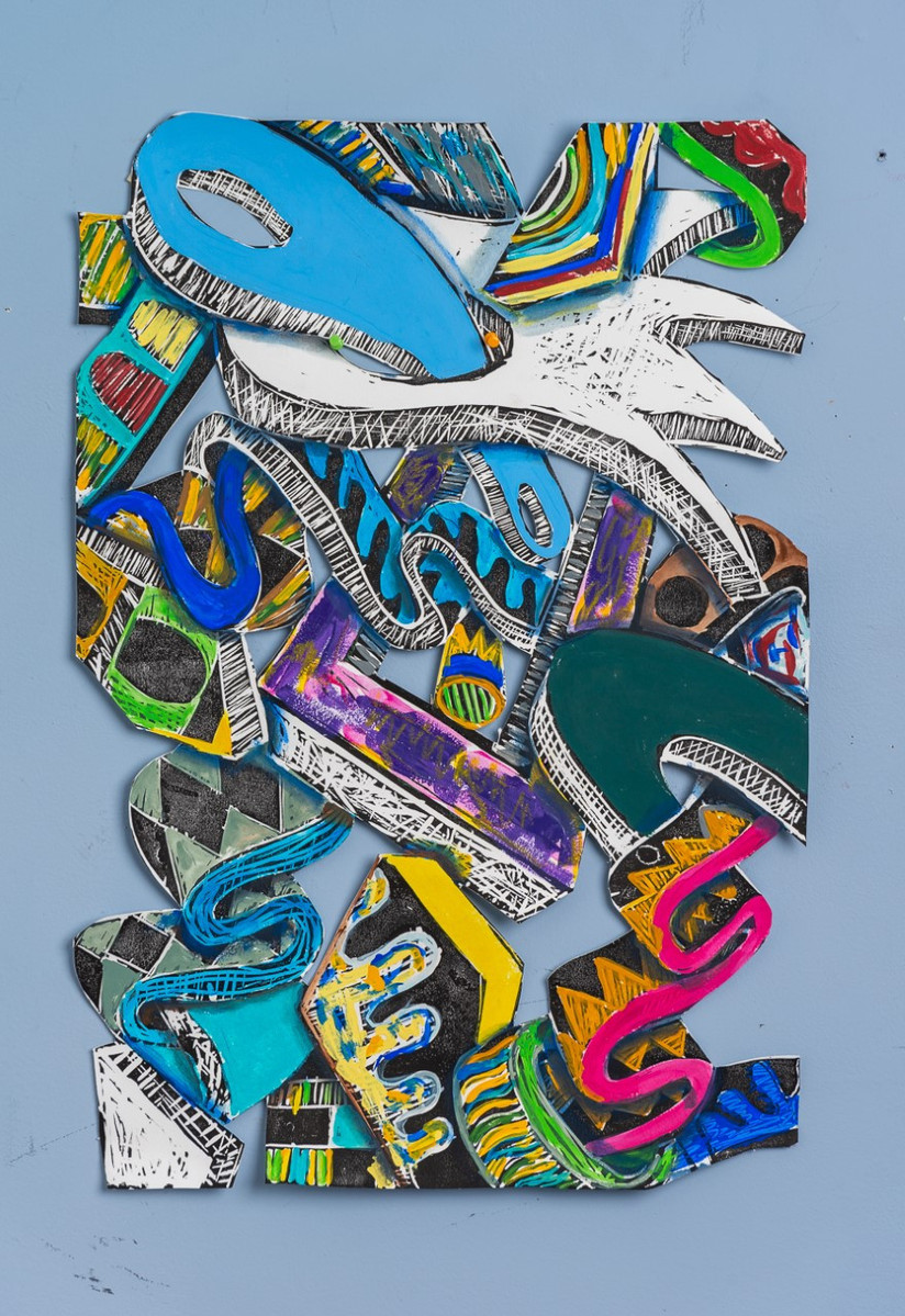 Livin Through the Process II Framed 33x41 2022-Abstract cutout art piece on paper with cool colors and shapes. This piece has mostly blue and green with hints of warm colors such as red green and purple.