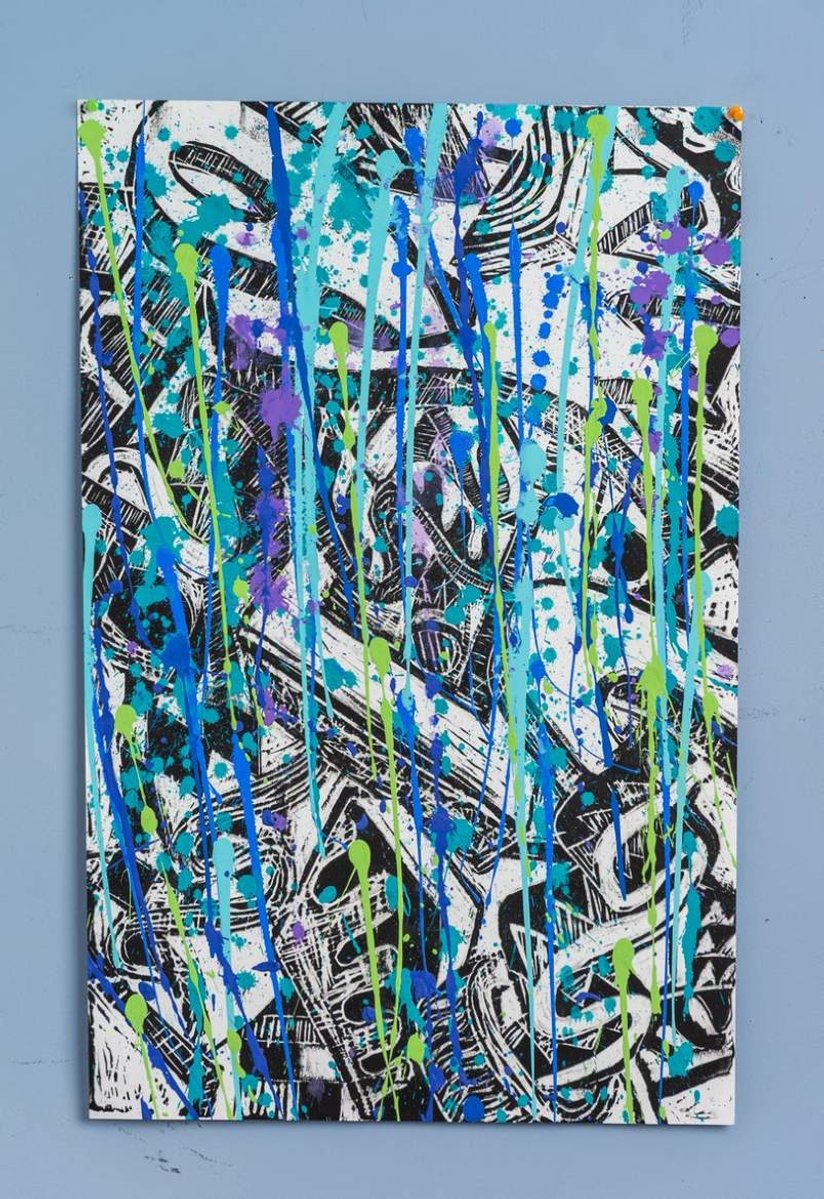 Can't Stand the Rain II  Framed 33x41 2022-Abstract art painting with multiple colors splattered on a white sheet of paper. The paint has a cool color scheme.