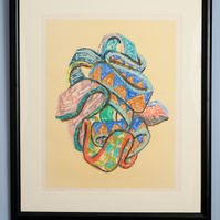 Before The Blues Walked In II  Framed 33x41 2022-Abstract framed art piece with multiple ties  around each other in a circle. These ties have various colors and patterns on them.