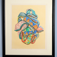 Before The Blues Walked In II  Framed 33x41 2022-Abstract framed art piece with multiple ties  around each other in a circle. These ties have various colors and patterns on them.