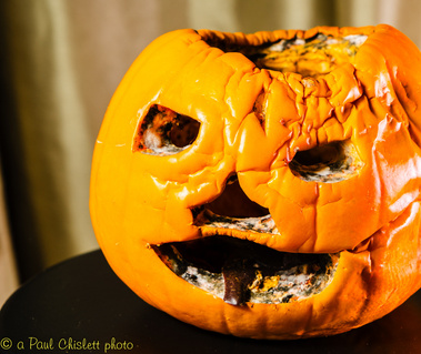 A weathered, leather-skinned wizened carved pumpkin stares at the camera