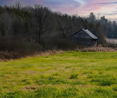 An abandoned log cabin in the middle of a field and a plowed field in the background.