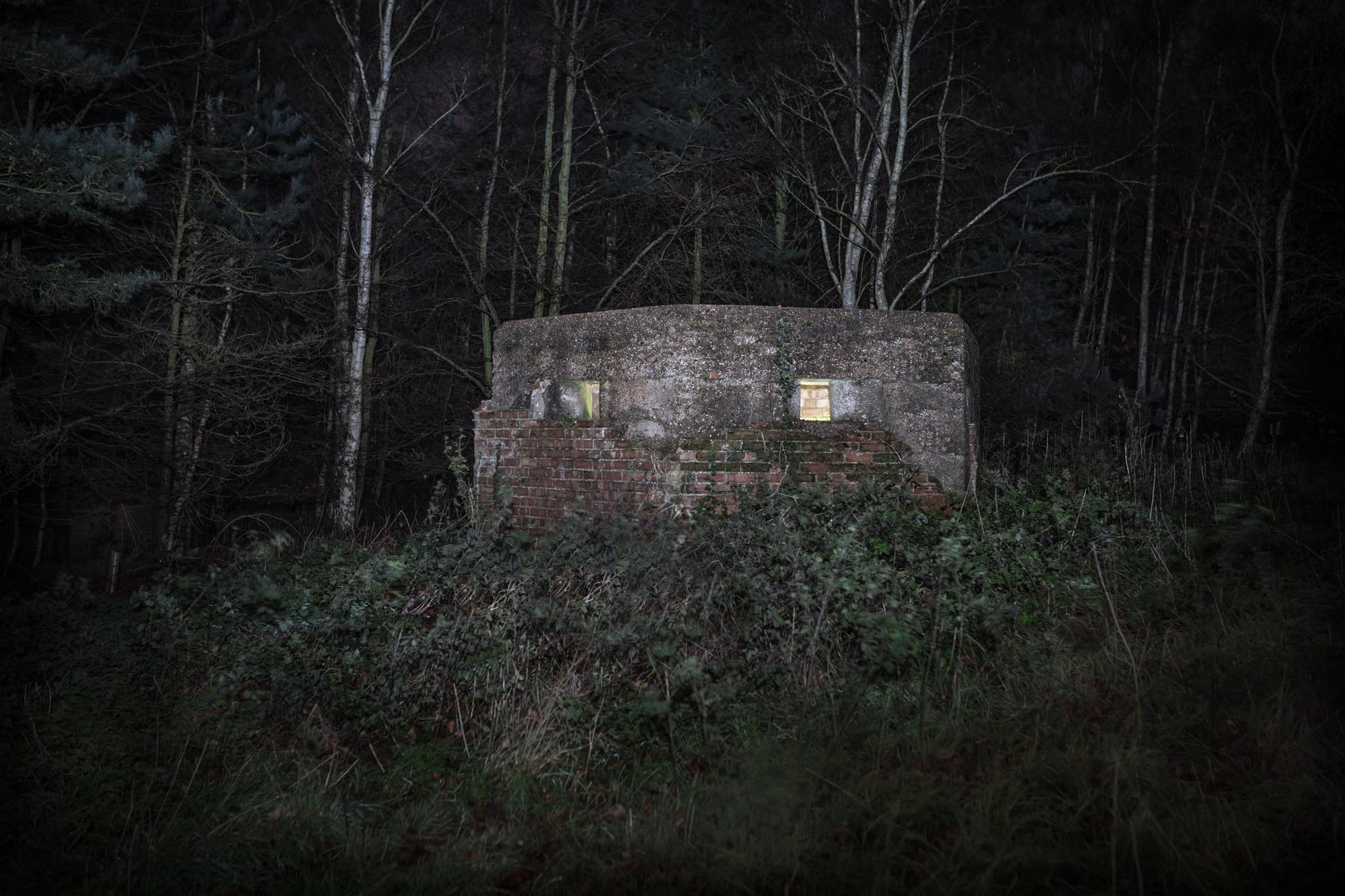 ww2 pillbox in the woods at night illuminated with flash lighting.