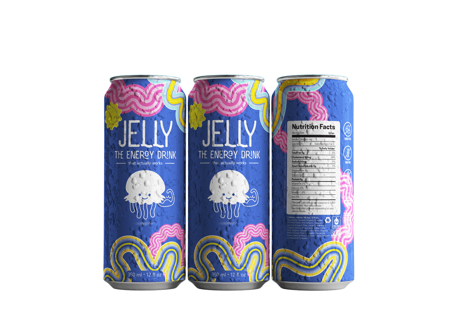 Three cans on a white background. The first two have the title 