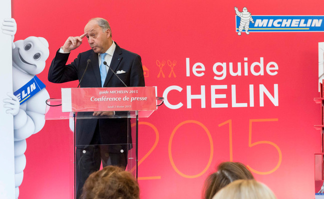 Laurent Fabius, ministre des Affaires Etrangeres..Presentation de l'edition 2015 du guide Michelin au quai d'Orsay, minitere des affaires exterieures