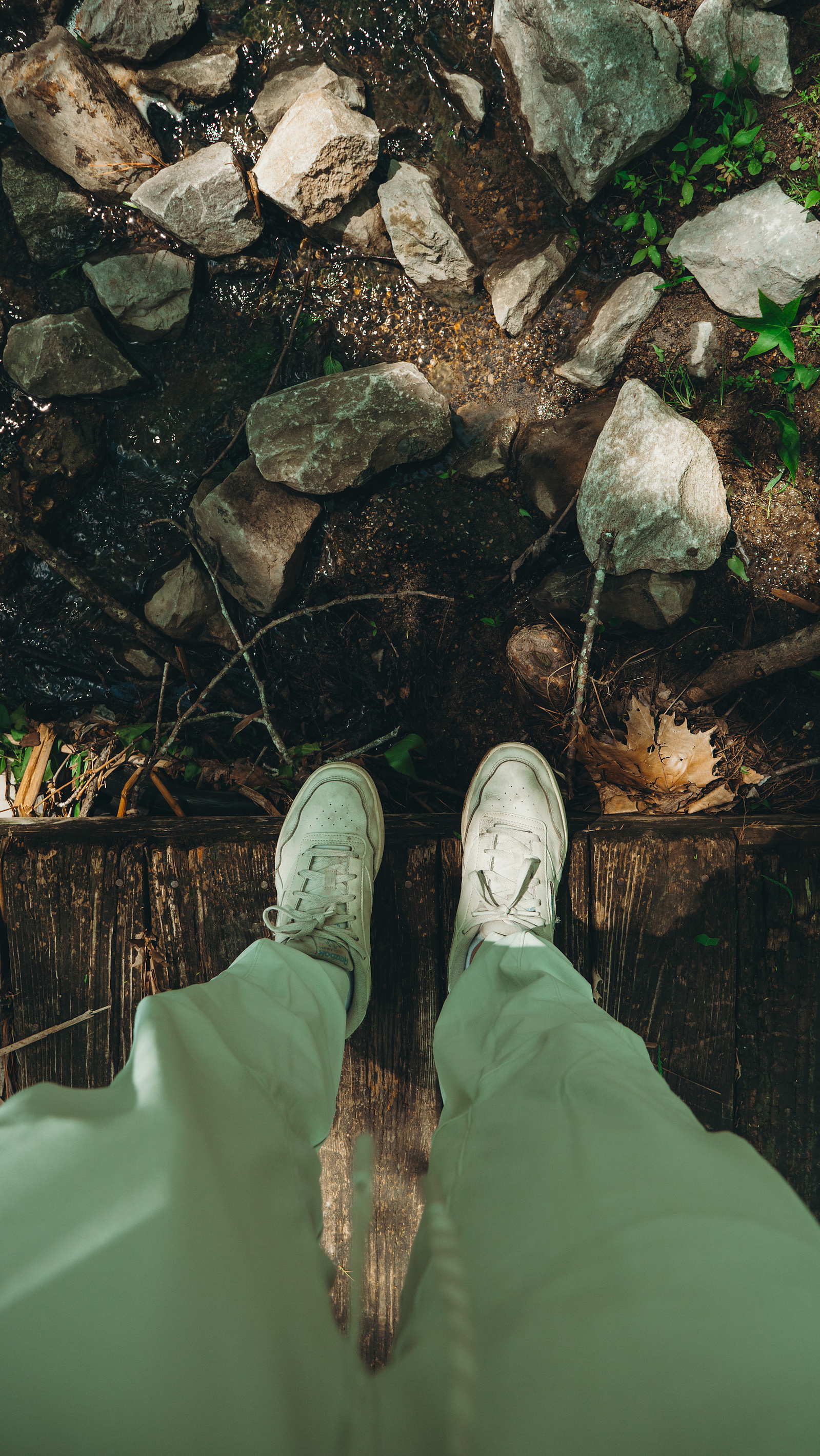 Person standing on a bridge with a small creek with rocks below.