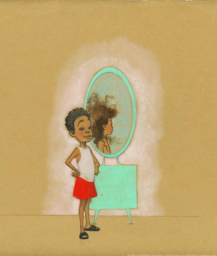 This image appears on the flap cover. Julián standing by a mirror, his refection shows him as a mermaid. Gouache, watercolor and ink on brown paper. 