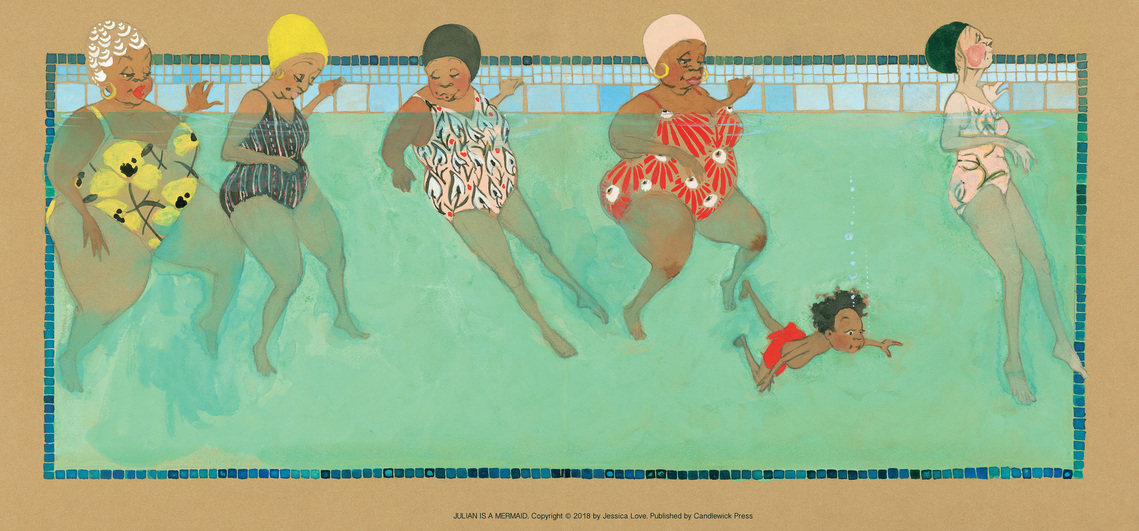 The front endpages from Julián is a Mermaid. Gouache, watercolor and ink on brown paper.