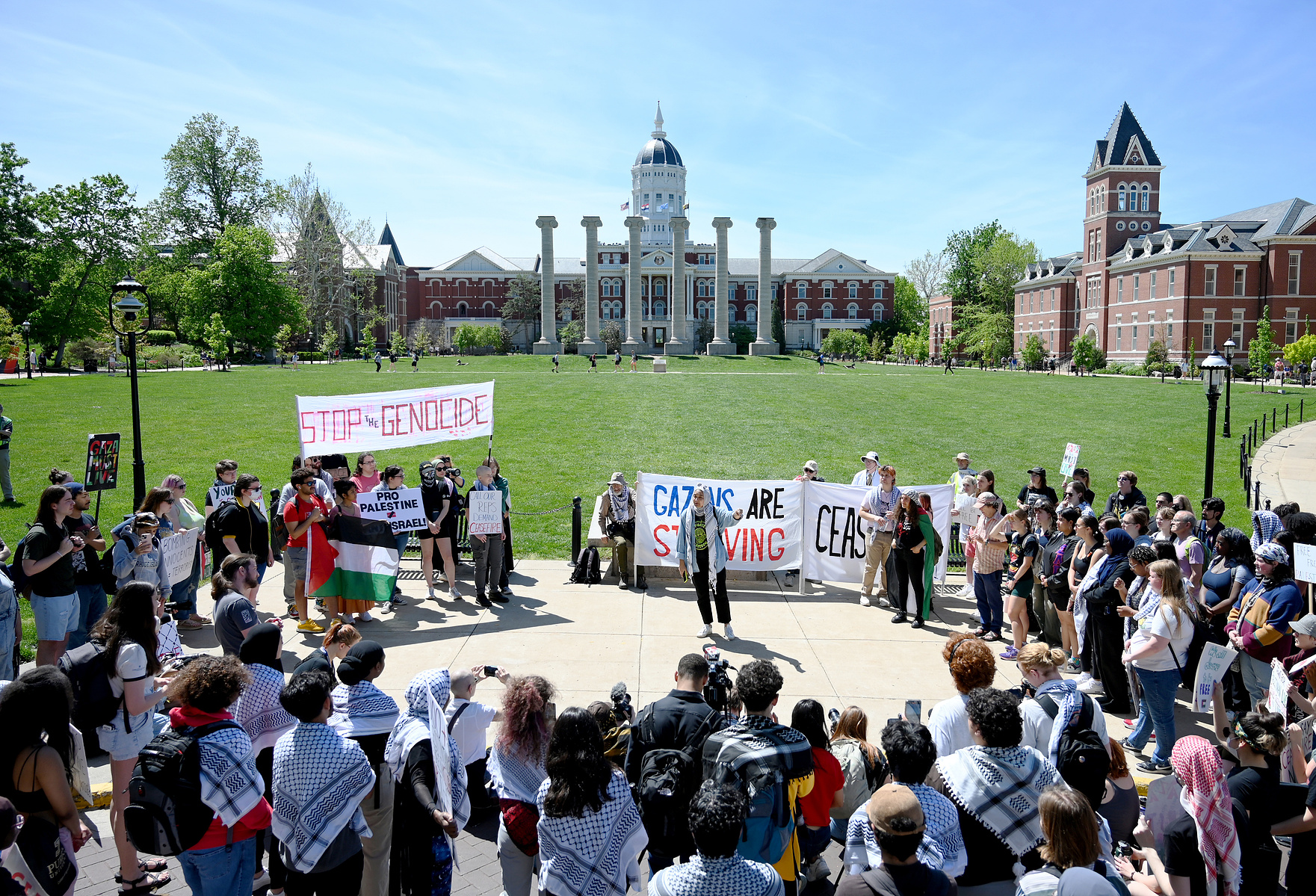 Sadia Moumita speaks to the pro-ceasefire protest on Monday at the Francis Quadrangle at MU. “We call for the University of Missouri System to disclose their endowments and divest from pro-Israel enterprises,” said Moumita.