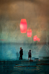 Photo-impressionist collage of two people silhouetted against the reflection of a shop window