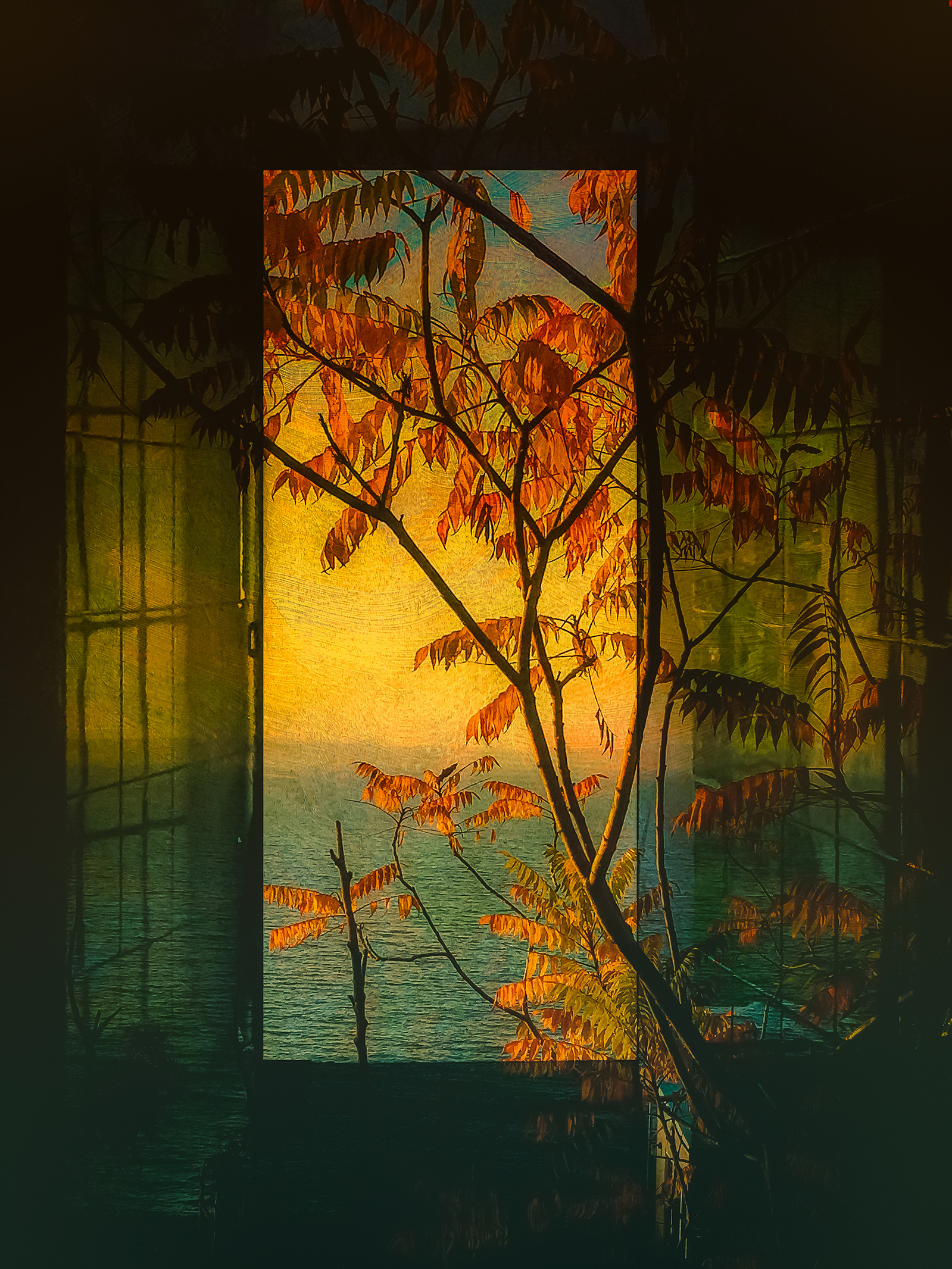 Photo-impressionist collage of a tree seen through a window frame