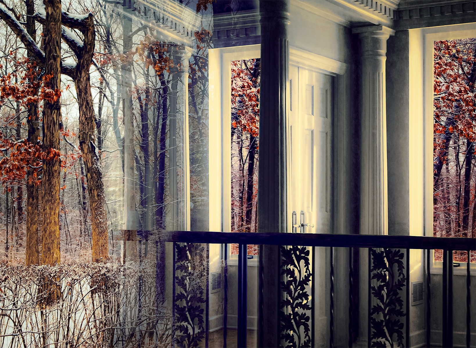 A composite image of an interior doorway superimposed on forest scene in winter.