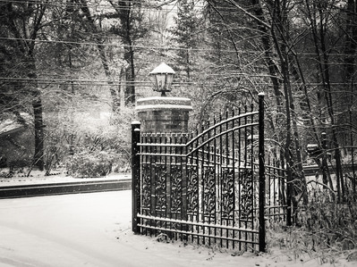 An iron gate stands ajar in snowy woods.
