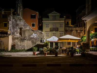 A cafe at night in Corfu Town.