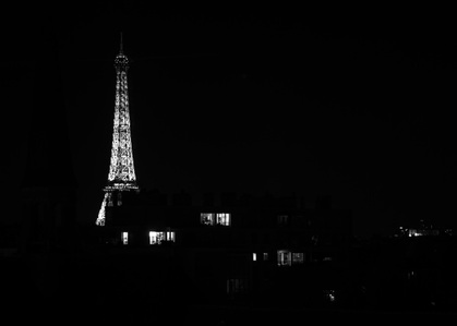 The Eiffel Tower and Paris rooftops at night.