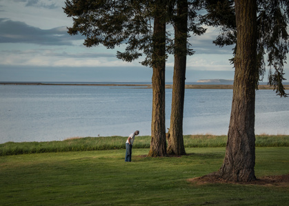 A man, dwarfed by two trees, bends over to peer at their base as though captivated by something he sees.