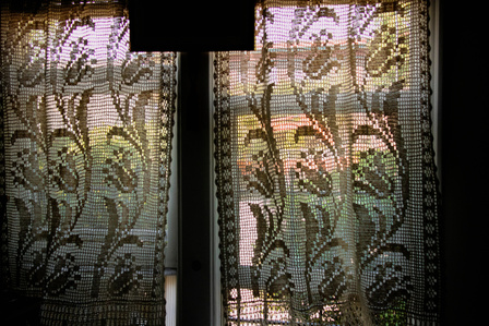 Light filters in a window through a lace curtain.