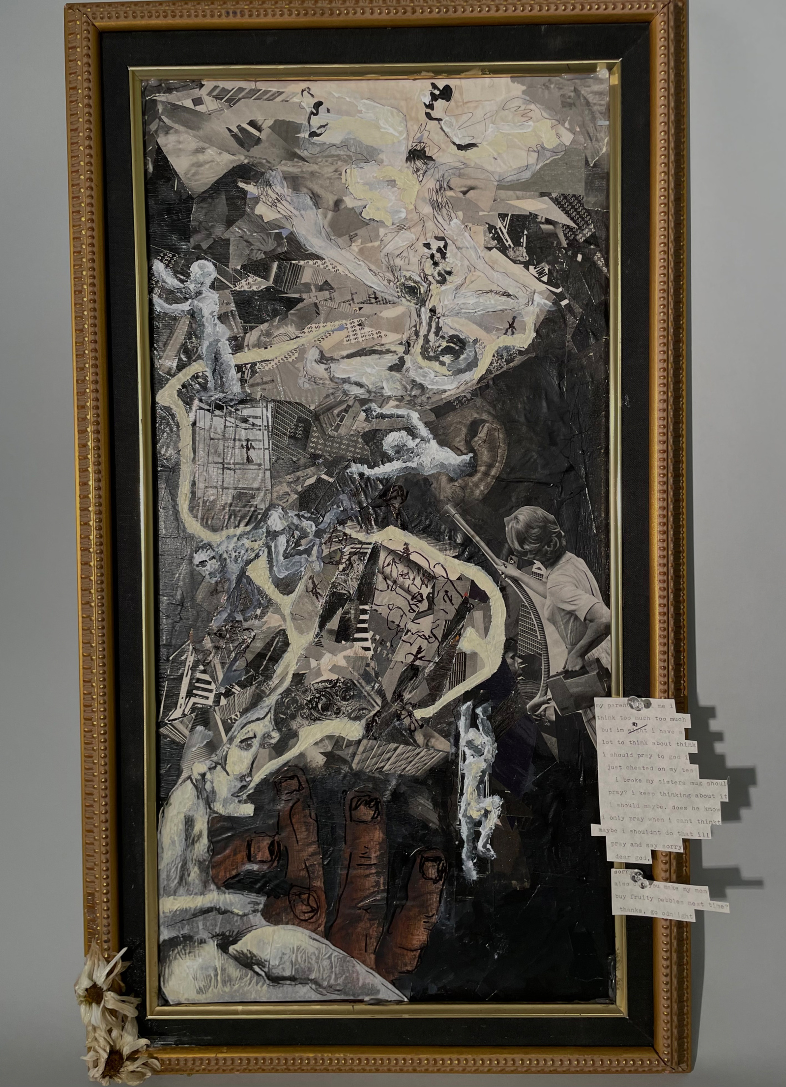 found frame and cardboard with collaging of magazine, paper, paint, and marker.