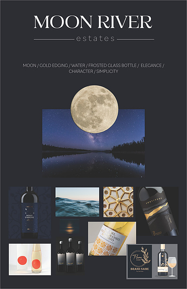 Image of mood board to grasp the feel of the brand. There are photos of a moon, a river under stars at night, deep blues, gold geometric shapes, various water and wave visuals and movement along with different image treatments.
