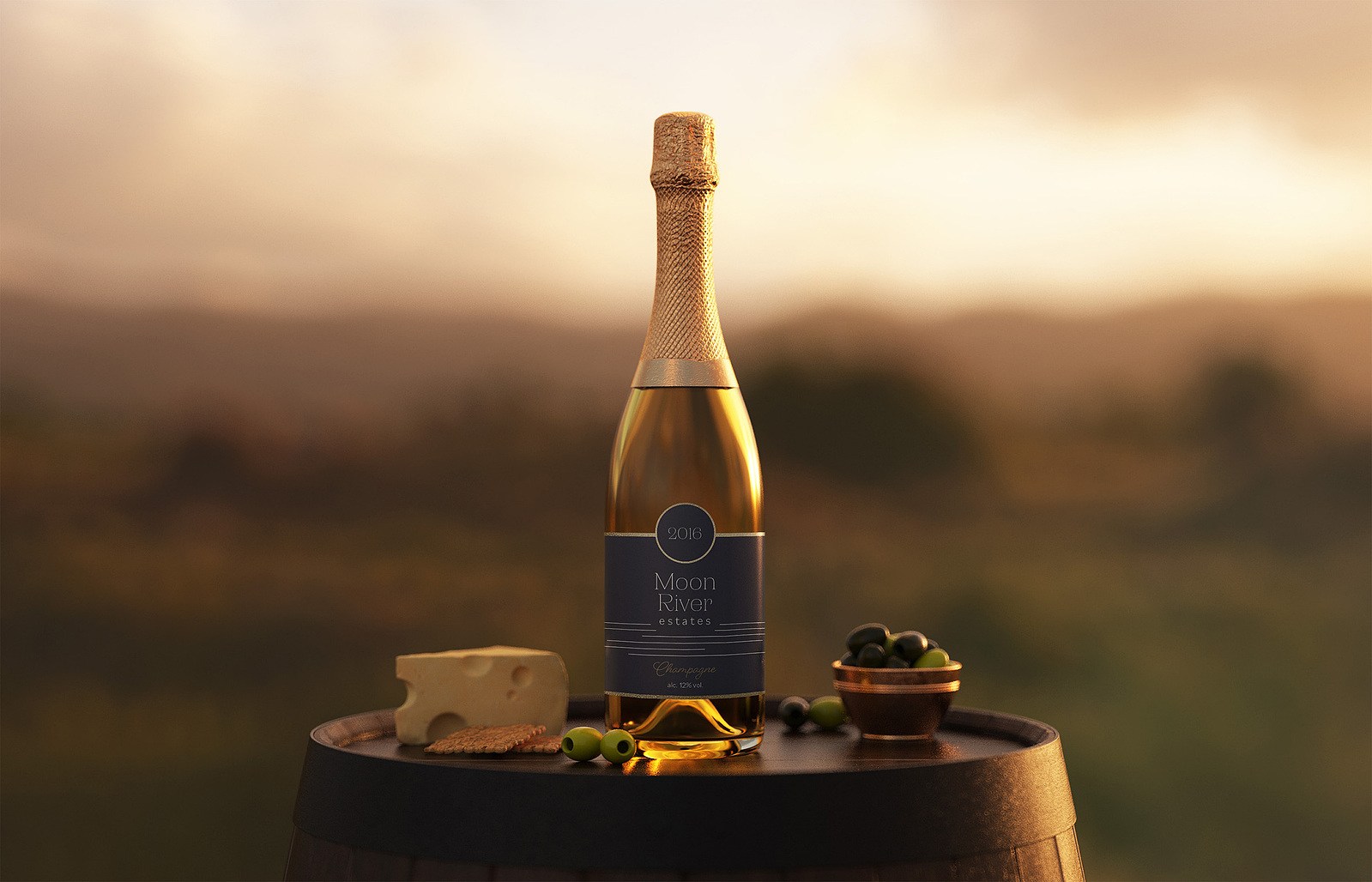 A bottle of champagne sitting atop a barrel with cheese, featuring Celena's design as the front label.