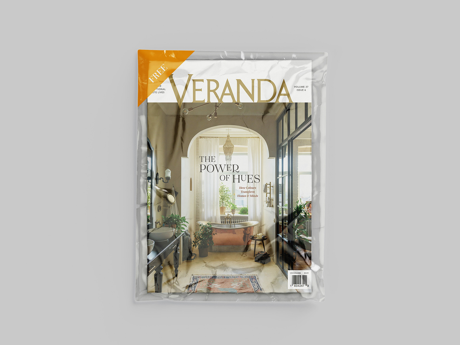 The Veranda Magazine cover, a luxurious bathroom with lots of natural light and plants along with the title of the Issue: 