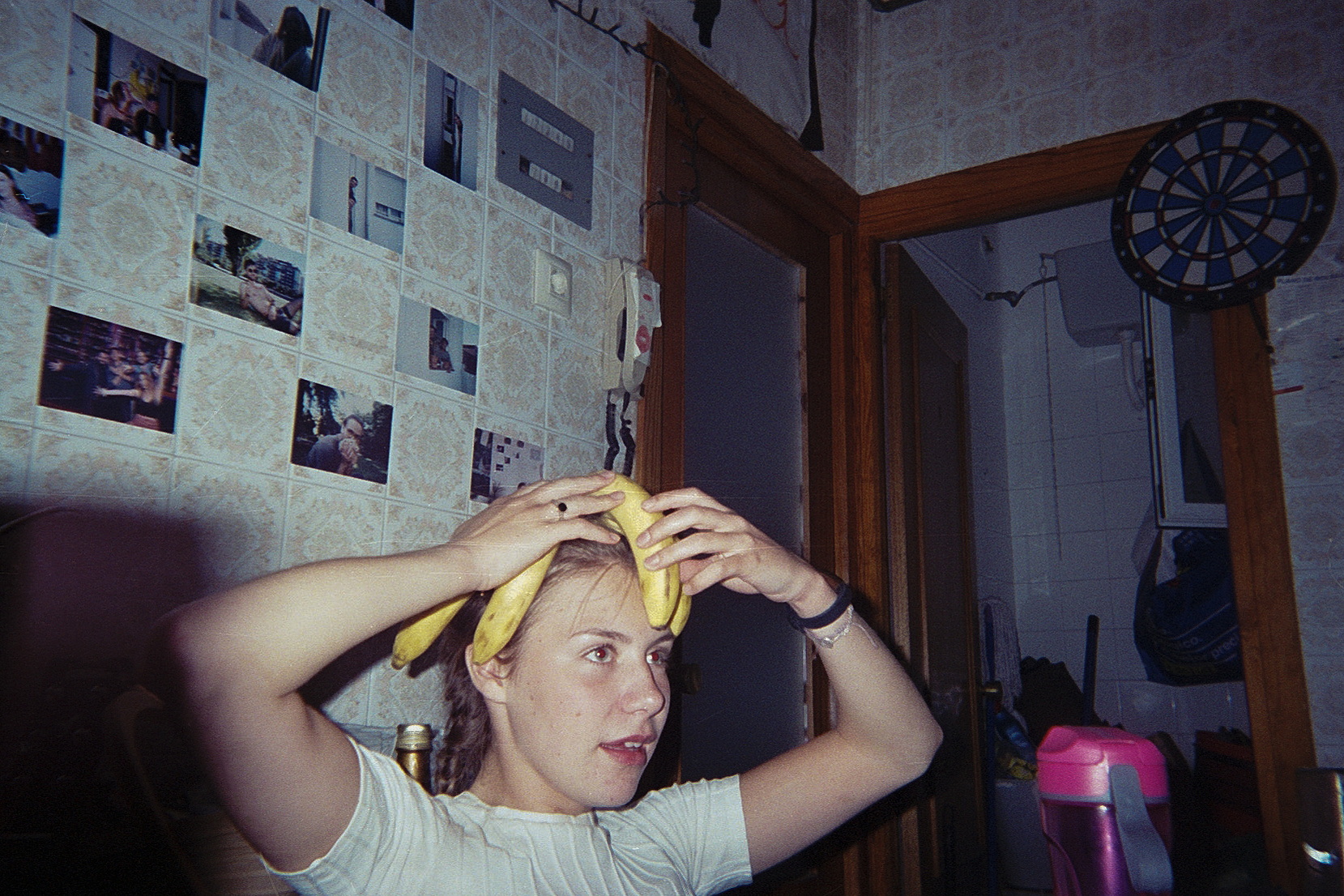 Olivia with a banana on her head