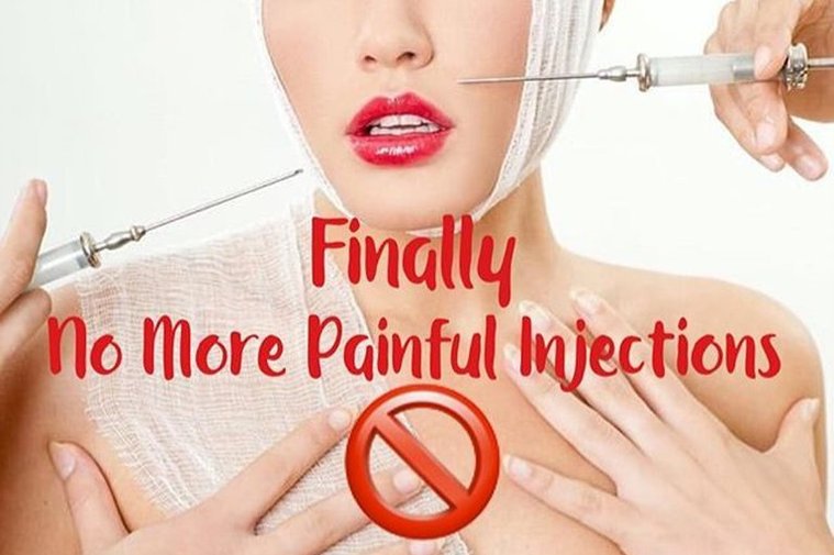 Non-Surgical Lip Plumping. Woman with needle. Finally No More Painful injections