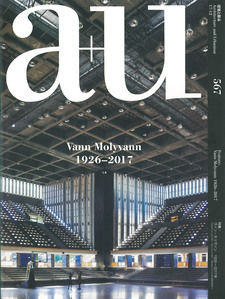 Cover image of a+u magazine December 2017 issue titled "Vann Molyvann 1927-2017". It shows the interior of the Indoor Stadium of the National Sports Complex.