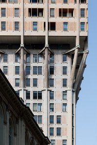 Diagonal reinforced concrete braces structure on the facade of Torre Velasca in Milan Italy, designed by BBPR.