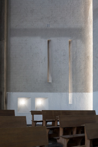Narrow slits openings on the back wall of the Church for San Carlo Hospital design by Gio Ponti.