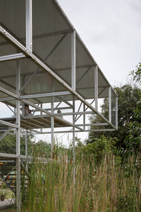 The cantilevering top floor of the pavilion for Archifest 2020 at Gound-Up-Initiative designed by Spatial Anatomy.