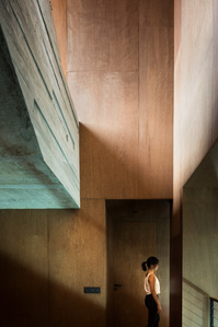 Plywood wall of the Gotto House designed by Formwerkz Architects.