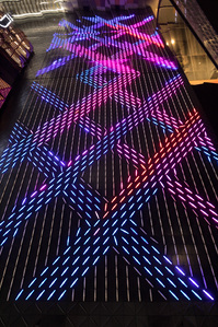 Interactive LED lighting feature at the entrance of Funan IT mall designed by Annolab.