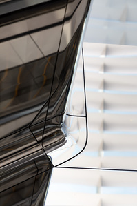 Details of mirror cladding of Apple Store Marina Bay Sands designed by Foster and Partners.