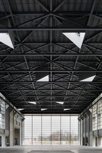 Ceiling with a triangular skylight of the Research and Testing Complex of Kashiwanoha Campus in Chiba, Japan. It is designed by Imai Laboratory from Tokyo University.