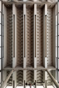 The prestressed concrete roof slabs and the ceiling structure detail of Baranzate Glass Church in Milan Italy designed by Angelo Mangiarotti.